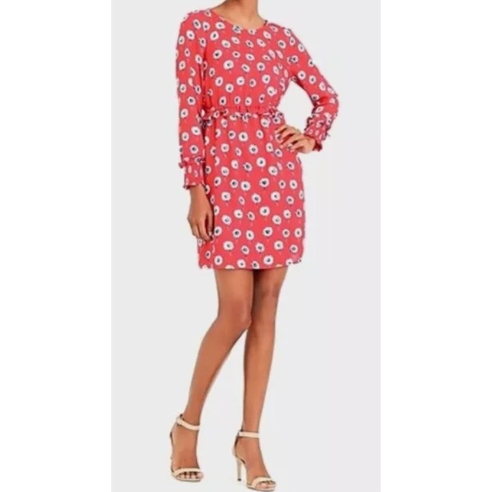J.Crew Floral Mini Dress Women's‎ Size 14 Red Blue Long Sleeve Smocked Cuffs